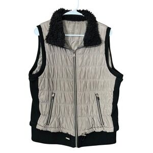 Calvin Klein Performance Womens XL Puffer Vest Faux Fur Collar Quilted Tan Black
